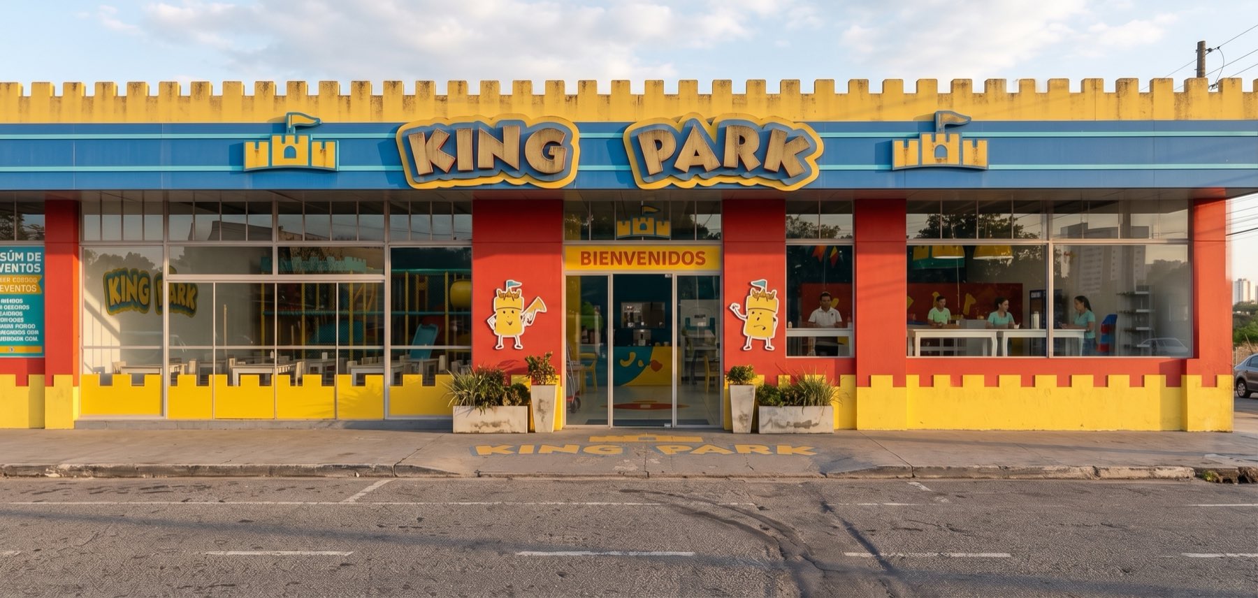 La fachada de King Park con su cartel y la entrada de bienvenida